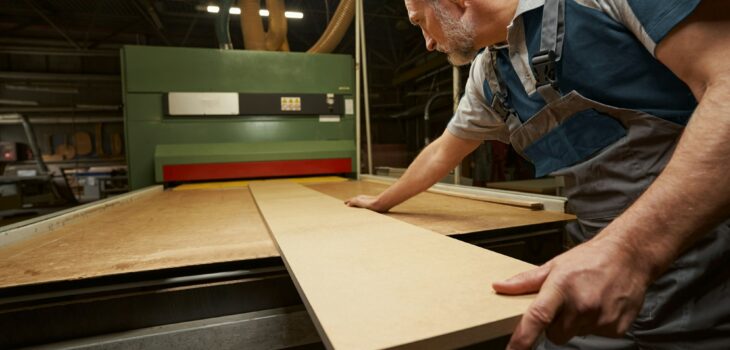 Attentive male person working at woodworking manufacture